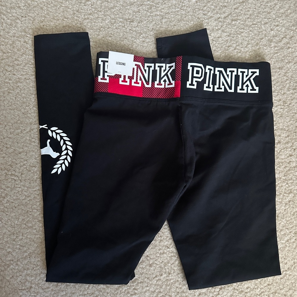 PINK Victoria's Secret Black and Red Plaid Logo Leggings SMALL - Picture 2 of 6